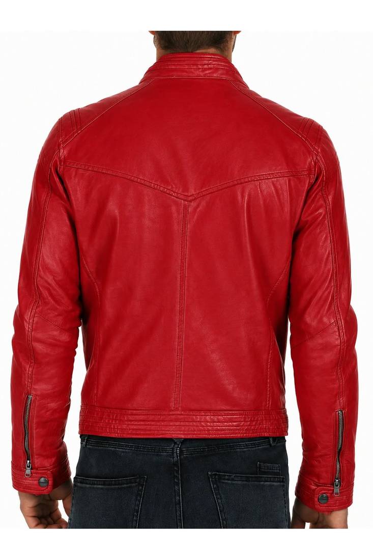 Men's red leather real lambskin casual style cafe racer jacket