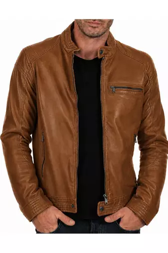 Men's tan leather real lambskin vintage style cafe racer jacket