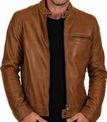 Men's tan leather real lambskin vintage style cafe racer jacket