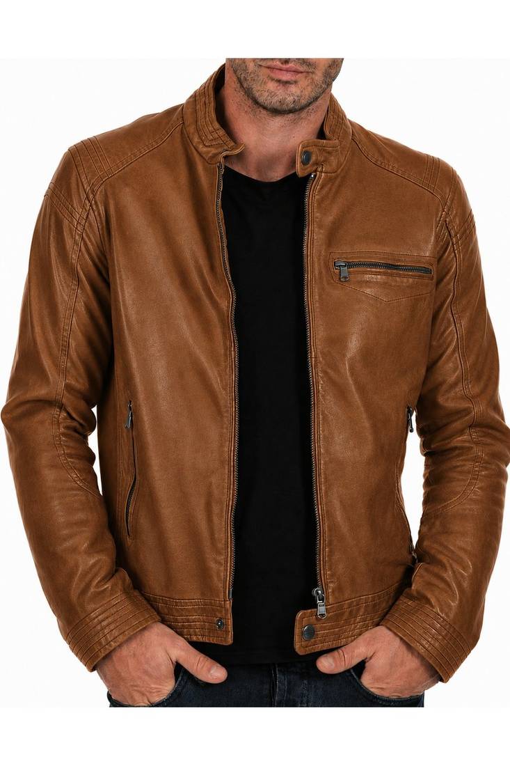 Men's tan leather real lambskin vintage style cafe racer jacket