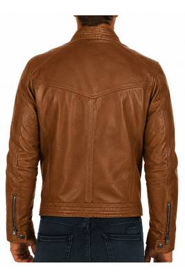 Men's tan leather real lambskin vintage style cafe racer jacket 2