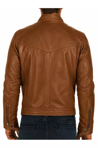 Men's tan leather real lambskin vintage style cafe racer jacket