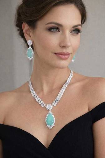 mint green teardrop cz jewellery set  silver finish bridal necklace earrings
