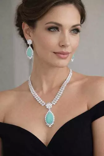 mint green teardrop cz jewellery set  silver finish bridal necklace earrings