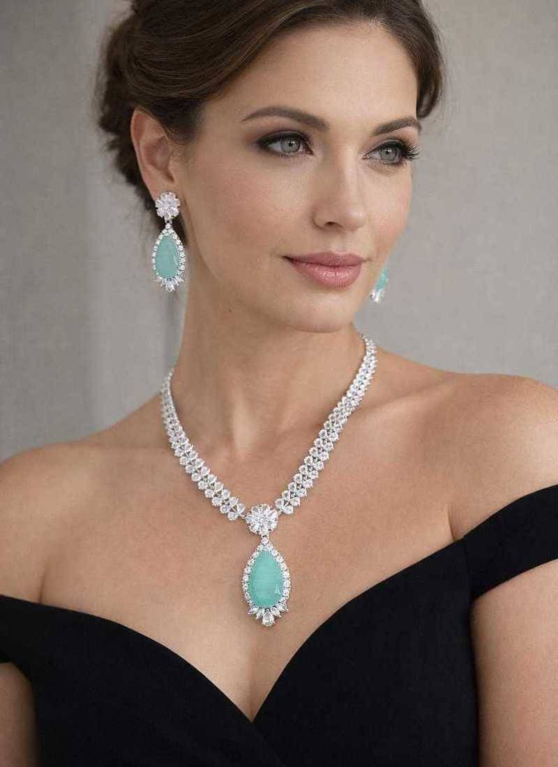 mint green teardrop cz jewellery set  silver finish bridal necklace earrings