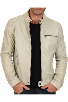Men's beige leather modern fit real lambskin cafe racer jacket 1