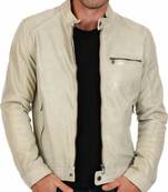 Men's beige leather modern fit real lambskin cafe racer jacket