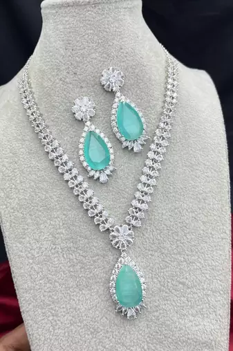 mint green teardrop cz jewellery set  silver finish bridal necklace earrings