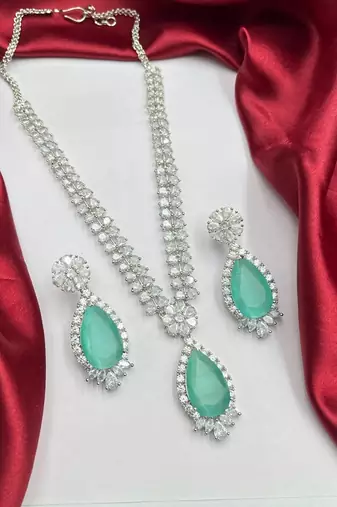 mint green teardrop cz jewellery set  silver finish bridal necklace earrings