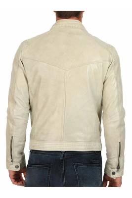 Men's beige leather modern fit real lambskin cafe racer jacket 2