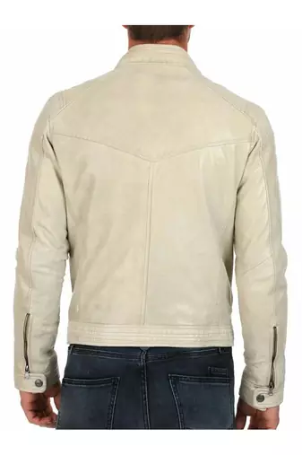 Men's beige leather modern fit real lambskin cafe racer jacket