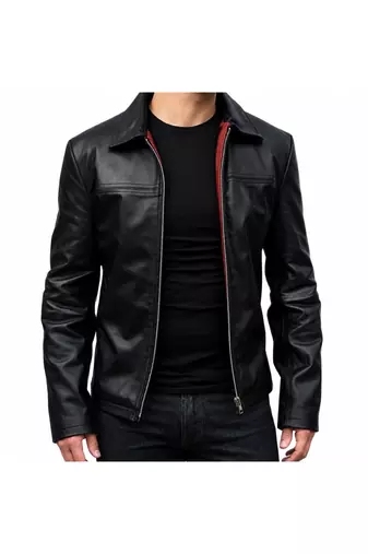 Men's black leather handcrafted real lambskin casual jacket