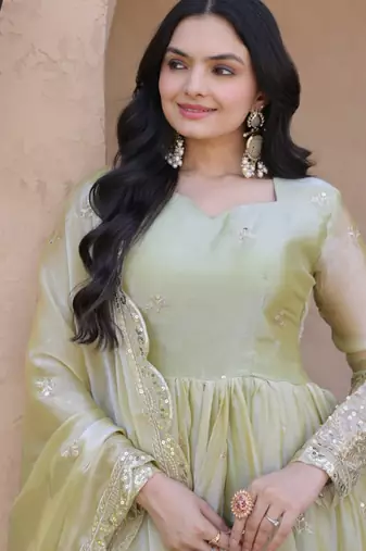 Pista green embroidered fendi silk gwon with dupatta