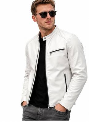 Men's white leather tailored look real lambskin biker jacket 1