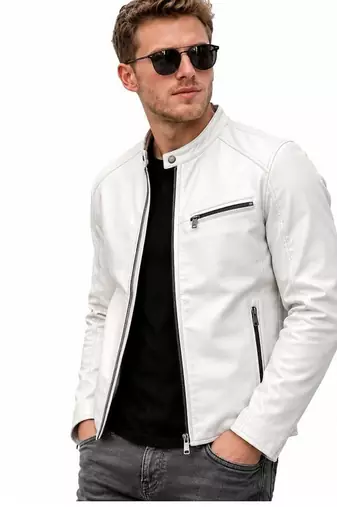 Men's white leather tailored look real lambskin biker jacket