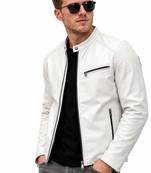 Men's white leather tailored look real lambskin biker jacket