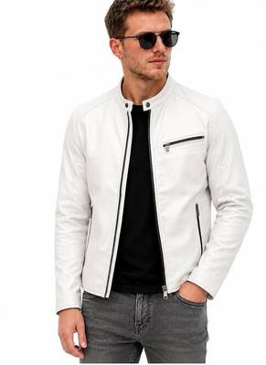 Men's white leather tailored look real lambskin biker jacket 2