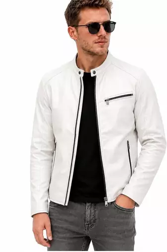 Men's white leather tailored look real lambskin biker jacket