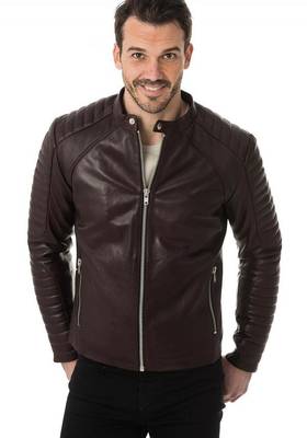 Men's brown leather street style real lambskin cafe racer jacket 1
