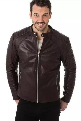 Men's brown leather street style real lambskin cafe racer jacket