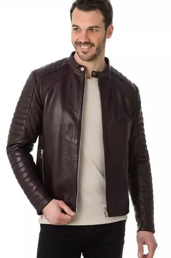 Men's brown leather street style real lambskin cafe racer jacket