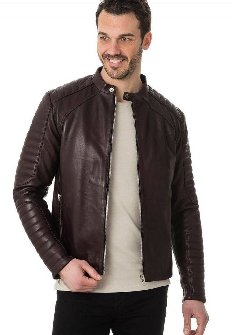 Men's brown leather street style real lambskin cafe racer jacket