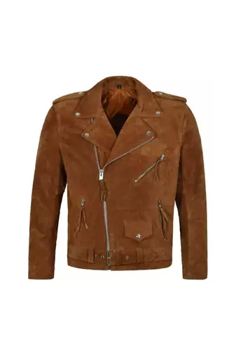 Men's brown suede leather motorcycle style biker jacket