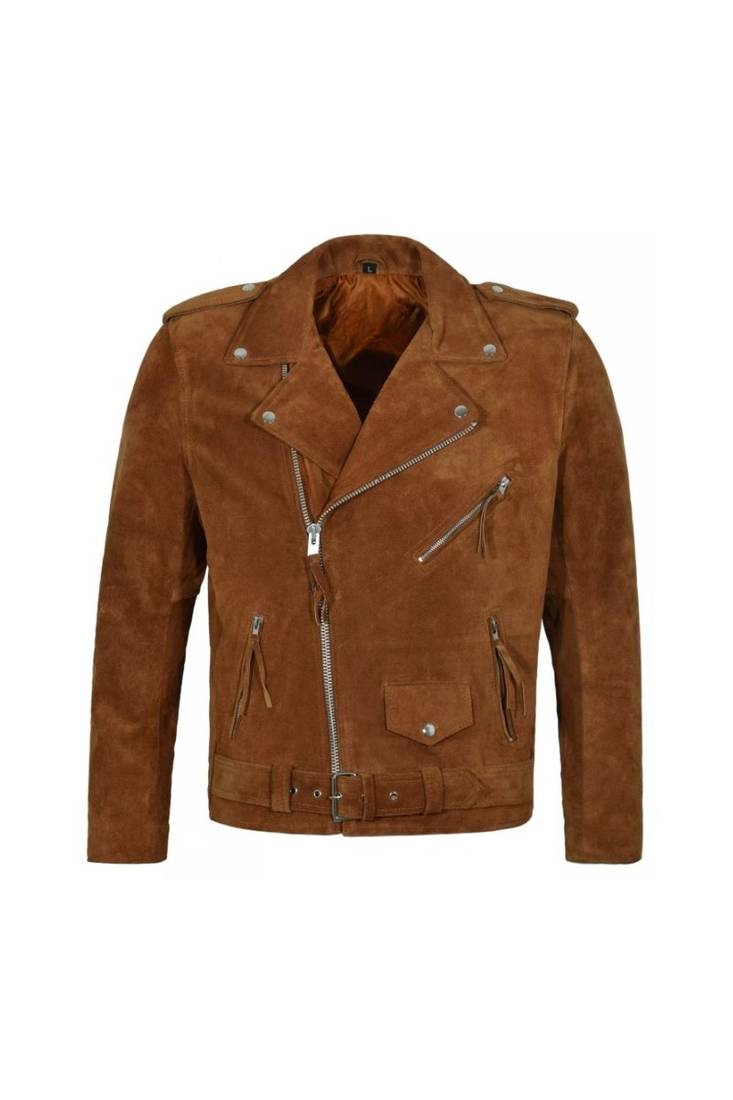 Men's brown suede leather motorcycle style biker jacket