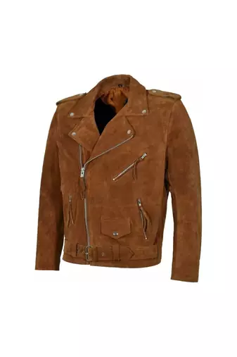 Men's brown suede leather motorcycle style biker jacket