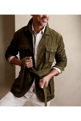 Men's olive green suede leather smart casual belt style coat jacket 1