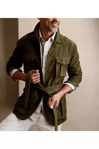 Men's olive green suede leather smart casual belt style coat jacket