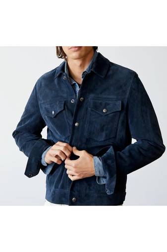 Men's navy blue suede leather iconic look button style trucker jacket