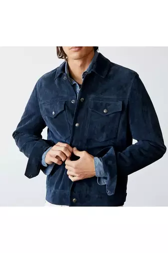 Men's navy blue suede leather iconic look button style trucker jacket