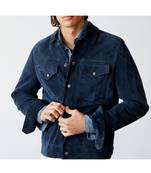 Men's navy blue suede leather iconic look button style trucker jacket