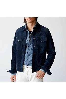 Men's navy blue suede leather iconic look button style trucker jacket 2
