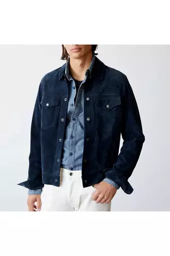 Men's navy blue suede leather iconic look button style trucker jacket