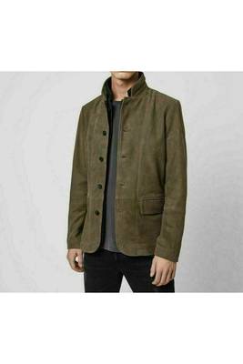 Men's olive green leather coat signature genuine look  buttoned jacket 1