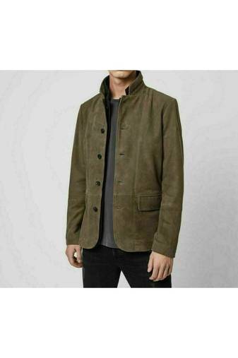 Men's olive green leather coat signature genuine look  buttoned jacket
