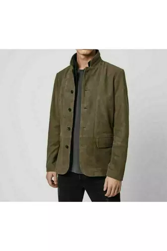 Men's olive green leather coat signature genuine look  buttoned jacket