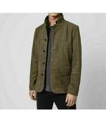 Men's olive green leather coat signature genuine look  buttoned jacket