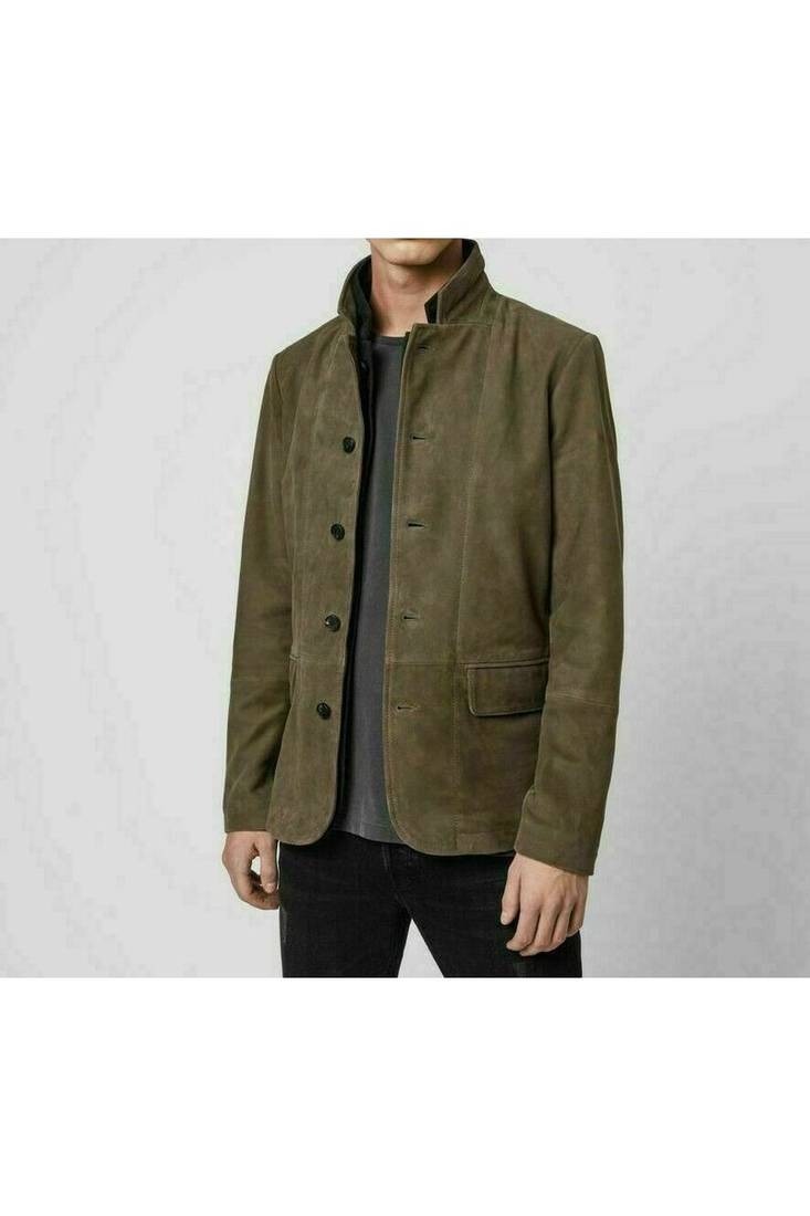 Men's olive green leather coat signature genuine look  buttoned jacket
