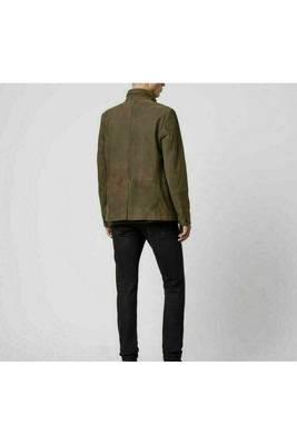 Men's olive green leather coat signature genuine look  buttoned jacket 2