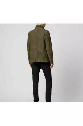 Men's olive green leather coat signature genuine look  buttoned jacket