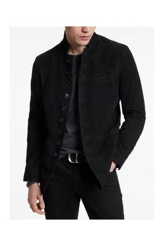 Men's black suede leather buttoned  jacket classic design