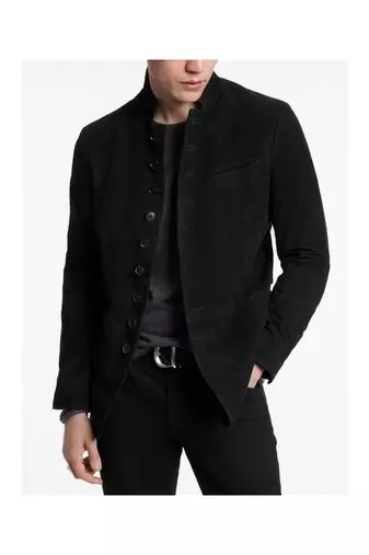 Men's black suede leather buttoned  jacket classic design