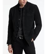 Men's black suede leather buttoned  jacket classic design