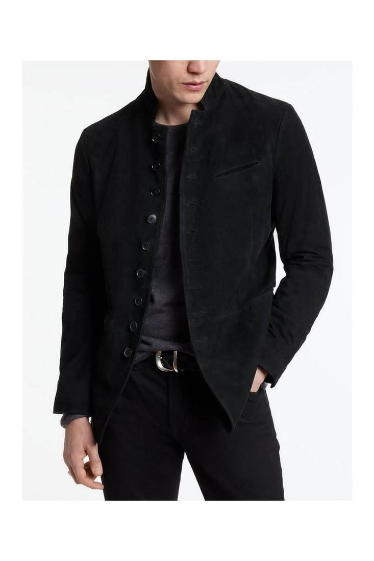 Men's black suede leather buttoned  jacket classic design