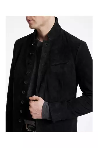 Men's black suede leather buttoned  jacket classic design