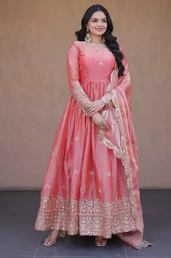 Peach pink embroidered fendi silk gwon with dupatta