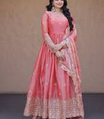 Peach pink embroidered fendi silk gwon with dupatta